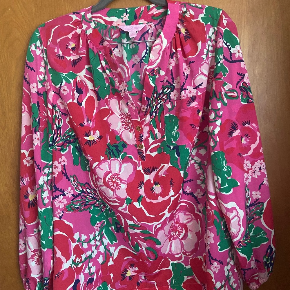 Lilly Pulitzer Pink Floral Long-Sleeve V-Neck Blouse